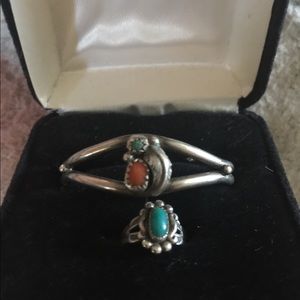 Turquoise and sliver baby bracket and ring set